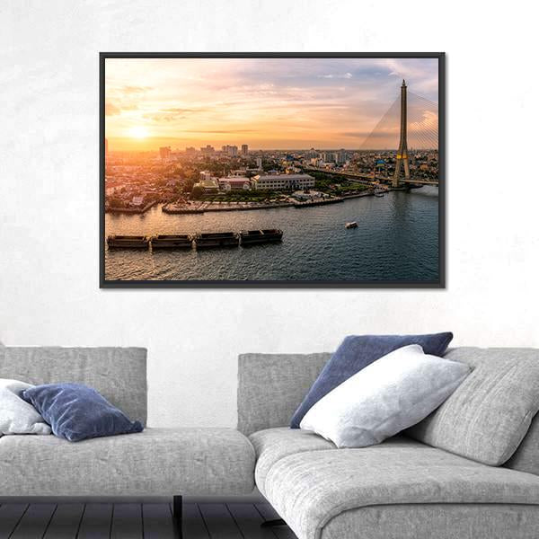 Sunset At Chao Phraya River Bangkok Canvas Wall Art-3 Horizontal-Gallery Wrap-25" x 16"-Tiaracle