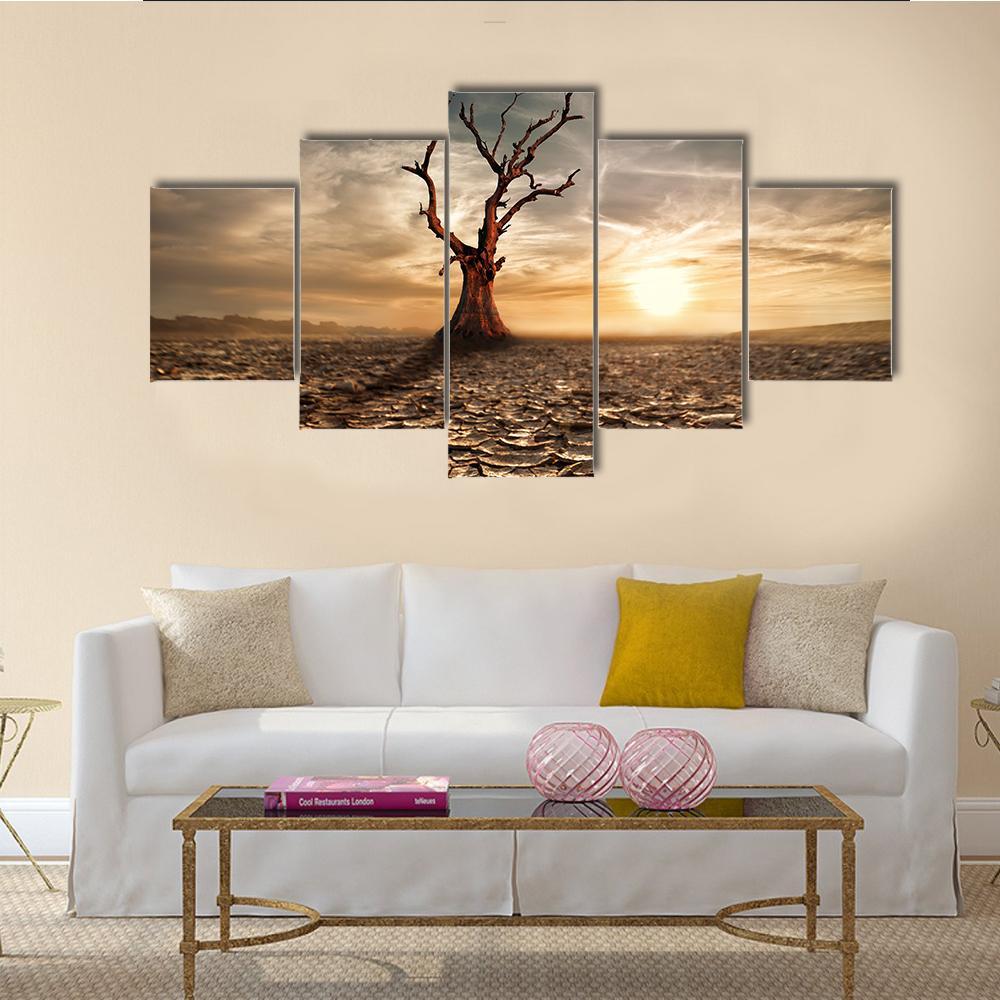 Sunset At Drought Cracked Desert Canvas Wall Art-5 Star-Gallery Wrap-62" x 32"-Tiaracle