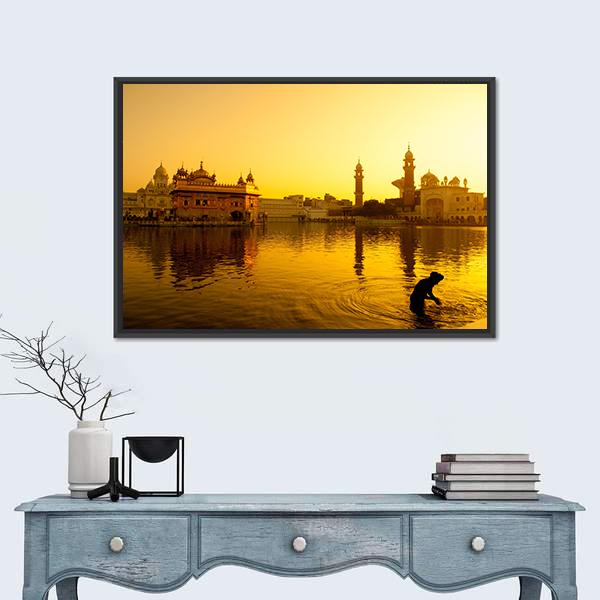 Sunset At Golden Temple In India Canvas Wall Art-1 Piece-Floating Frame-24" x 16"-Tiaracle