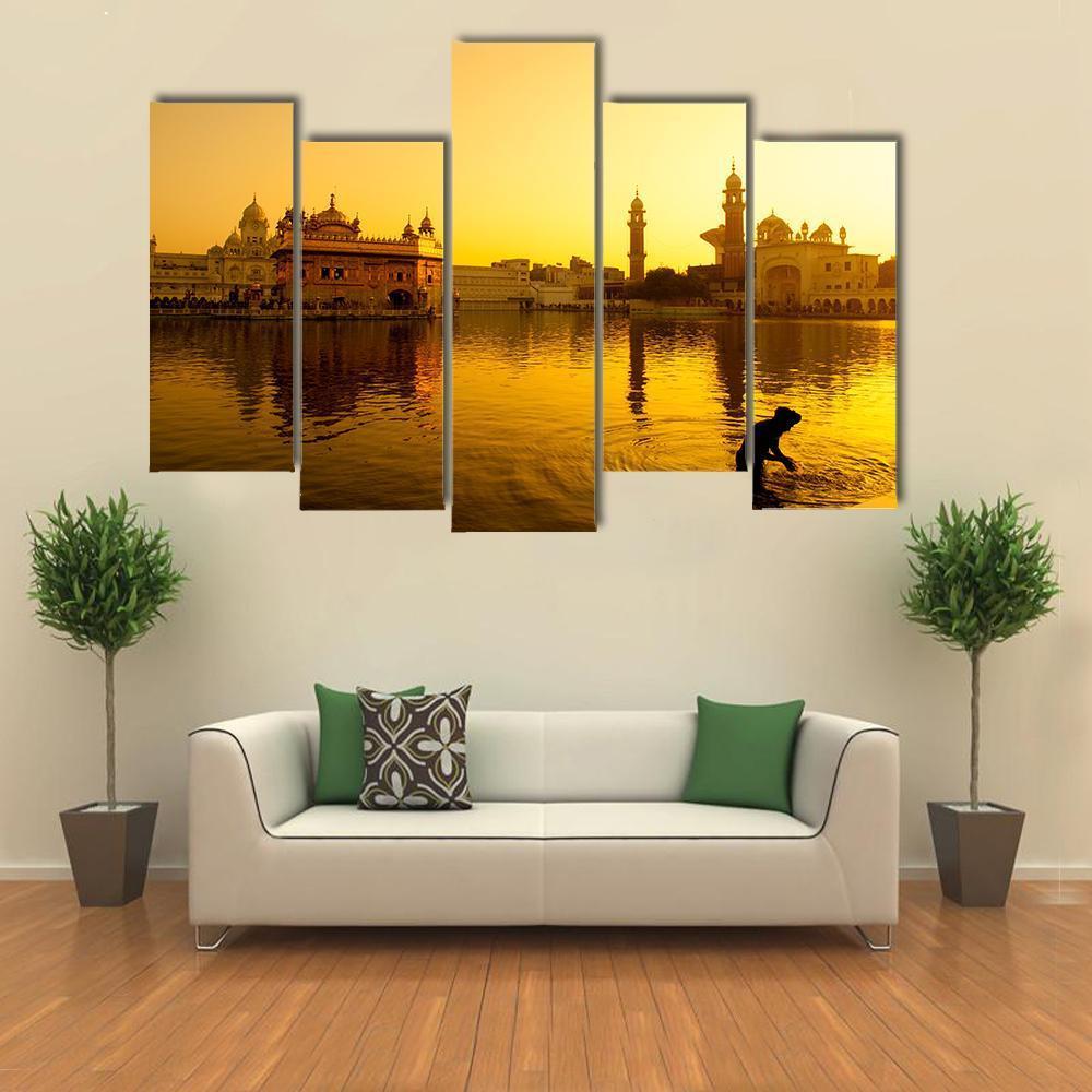 Sunset At Golden Temple In India Canvas Wall Art-5 Pop-Gallery Wrap-47" x 32"-Tiaracle
