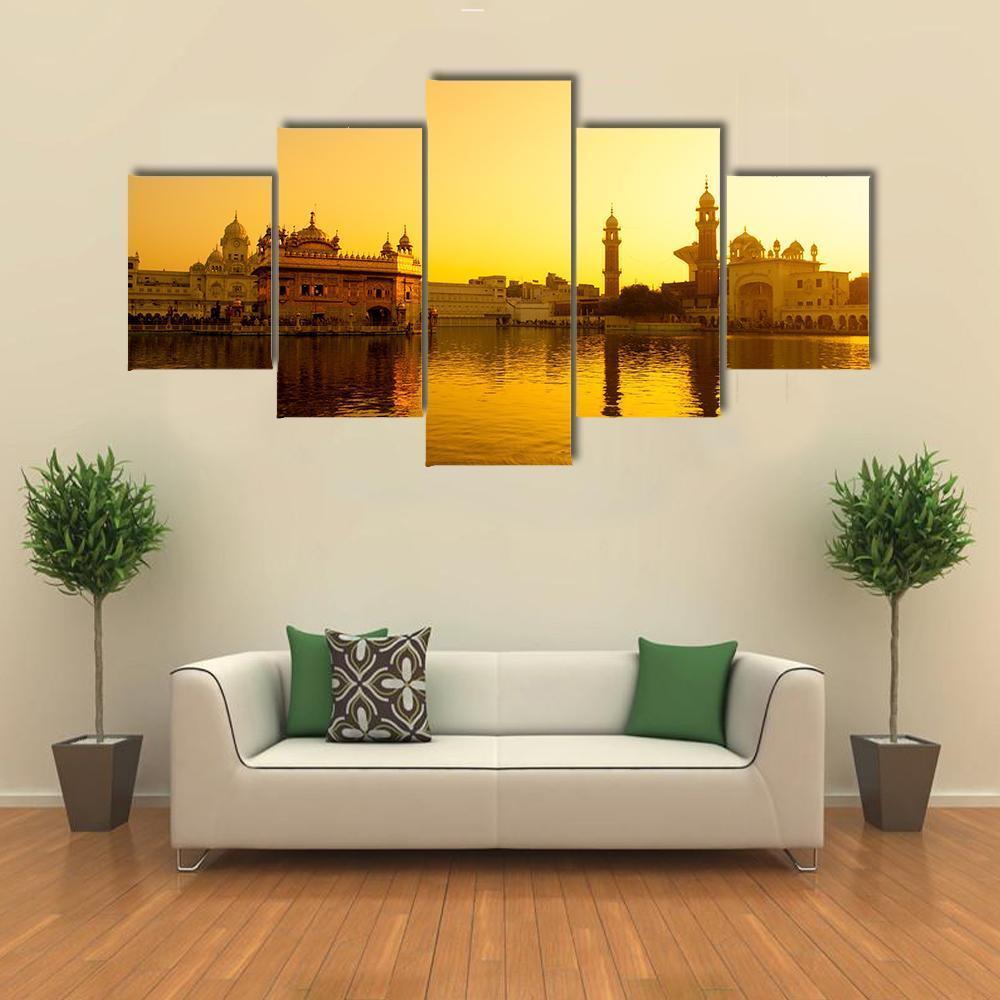 Sunset At Golden Temple In India Canvas Wall Art-5 Star-Gallery Wrap-62" x 32"-Tiaracle