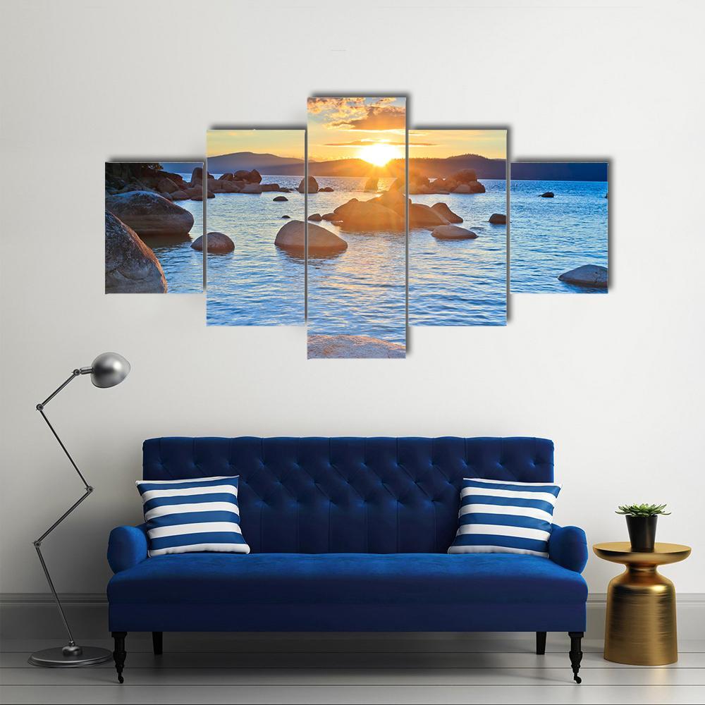 Sunset At Lake Tahoe Canvas Wall Art-5 Star-Gallery Wrap-62" x 32"-Tiaracle