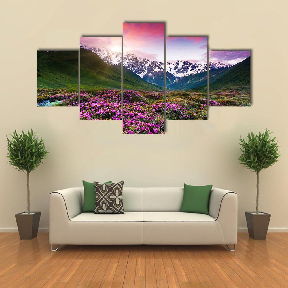 Sunset At Mt Shkhara Canvas Wall Art-5 Star-Gallery Wrap-62" x 32"-Tiaracle