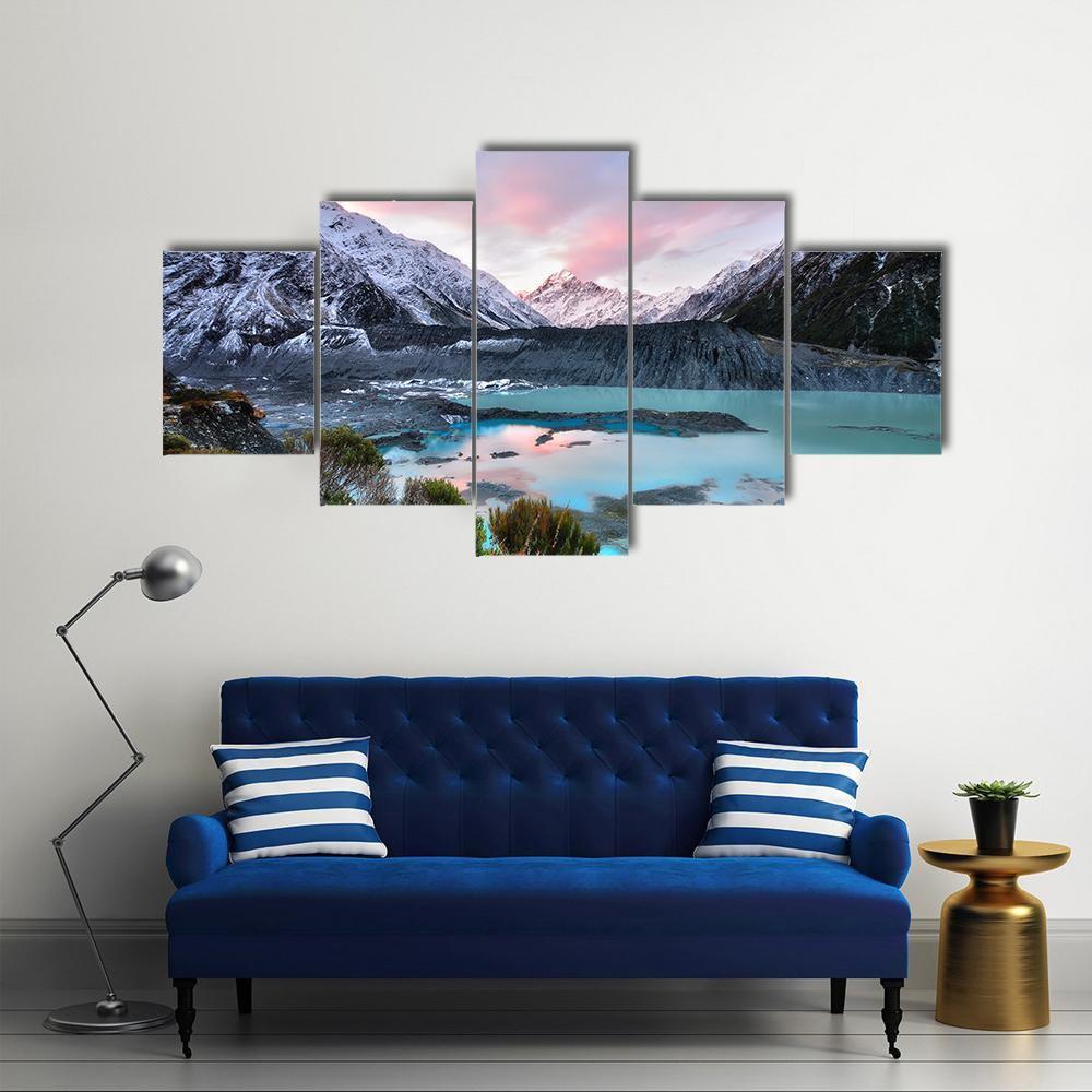 Sunset At Mueller Glacier Aoraki Mt Cook Canvas Wall Art-5 Star-Gallery Wrap-62" x 32"-Tiaracle