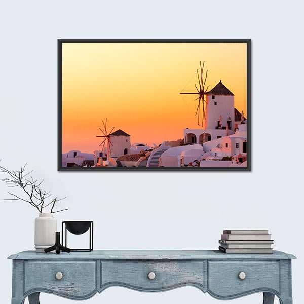Sunset At Oia Village Canvas Wall Art-1 Piece-Floating Frame-24" x 16"-Tiaracle