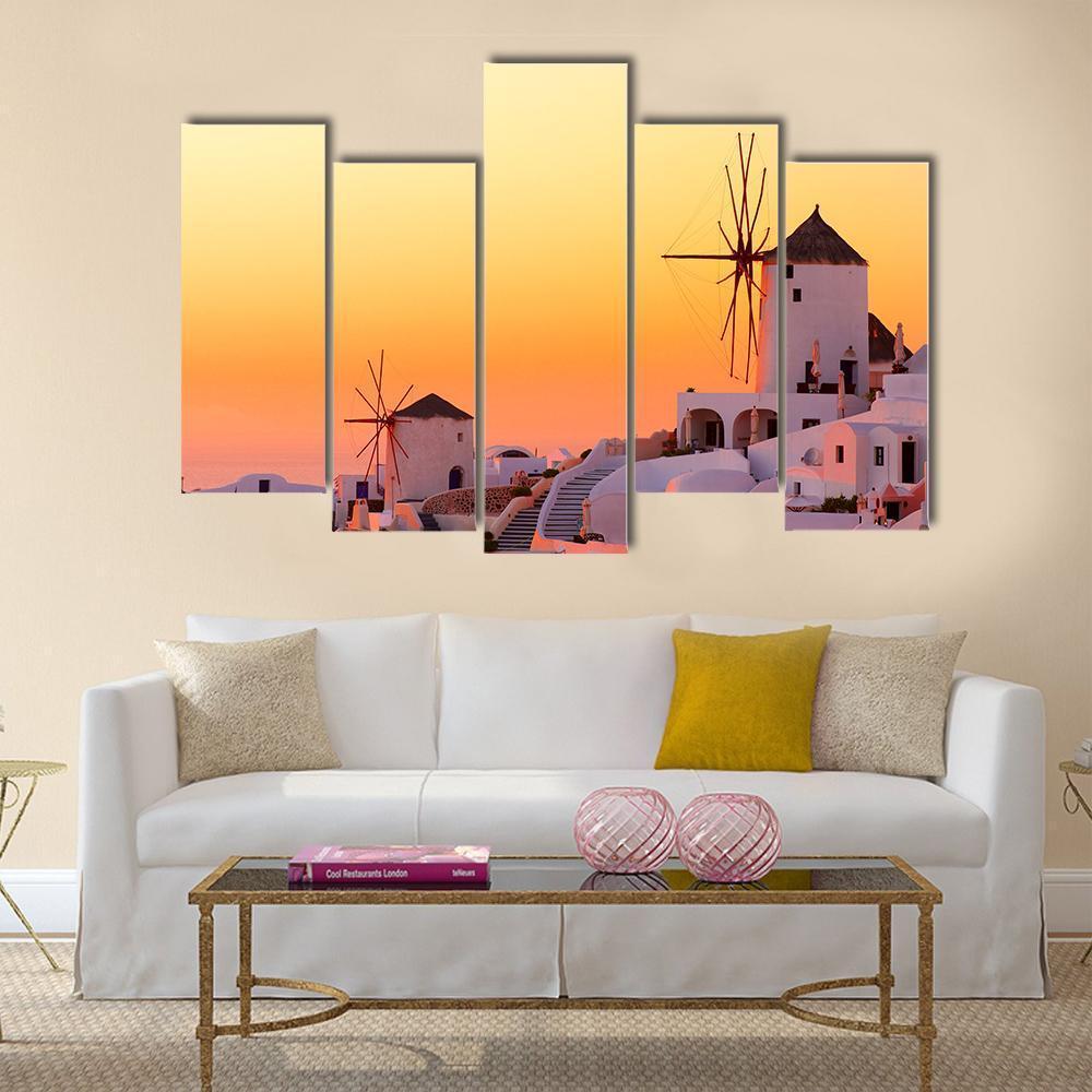 Sunset At Oia Village Canvas Wall Art-5 Pop-Gallery Wrap-47" x 32"-Tiaracle