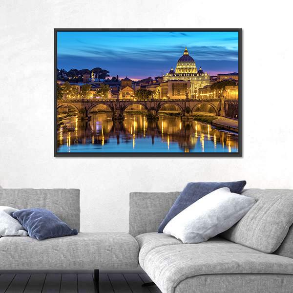 Sunset At Rome Italy With Saint Peter's Basilica Canvas Wall Art-3 Horizontal-Gallery Wrap-25" x 16"-Tiaracle