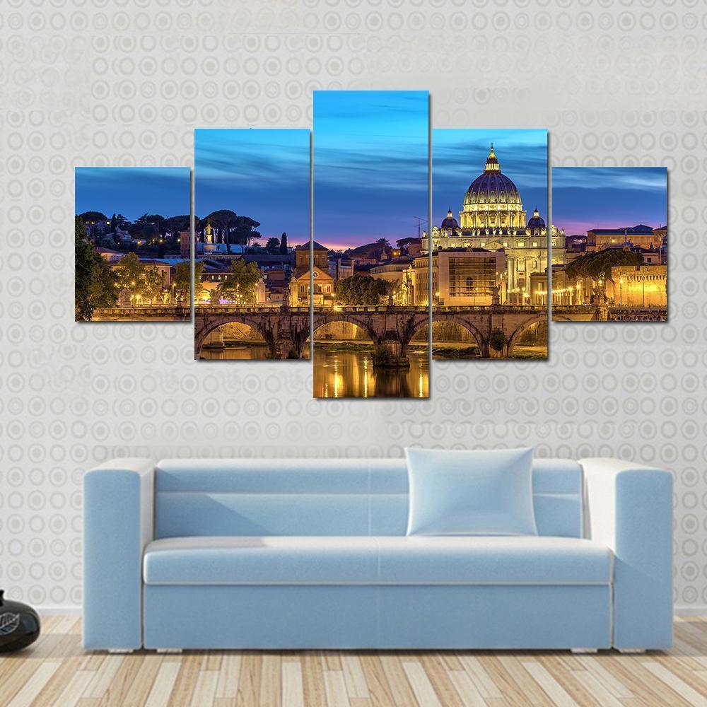 Sunset At Rome Italy With Saint Peter's Basilica Canvas Wall Art-5 Star-Gallery Wrap-62" x 32"-Tiaracle