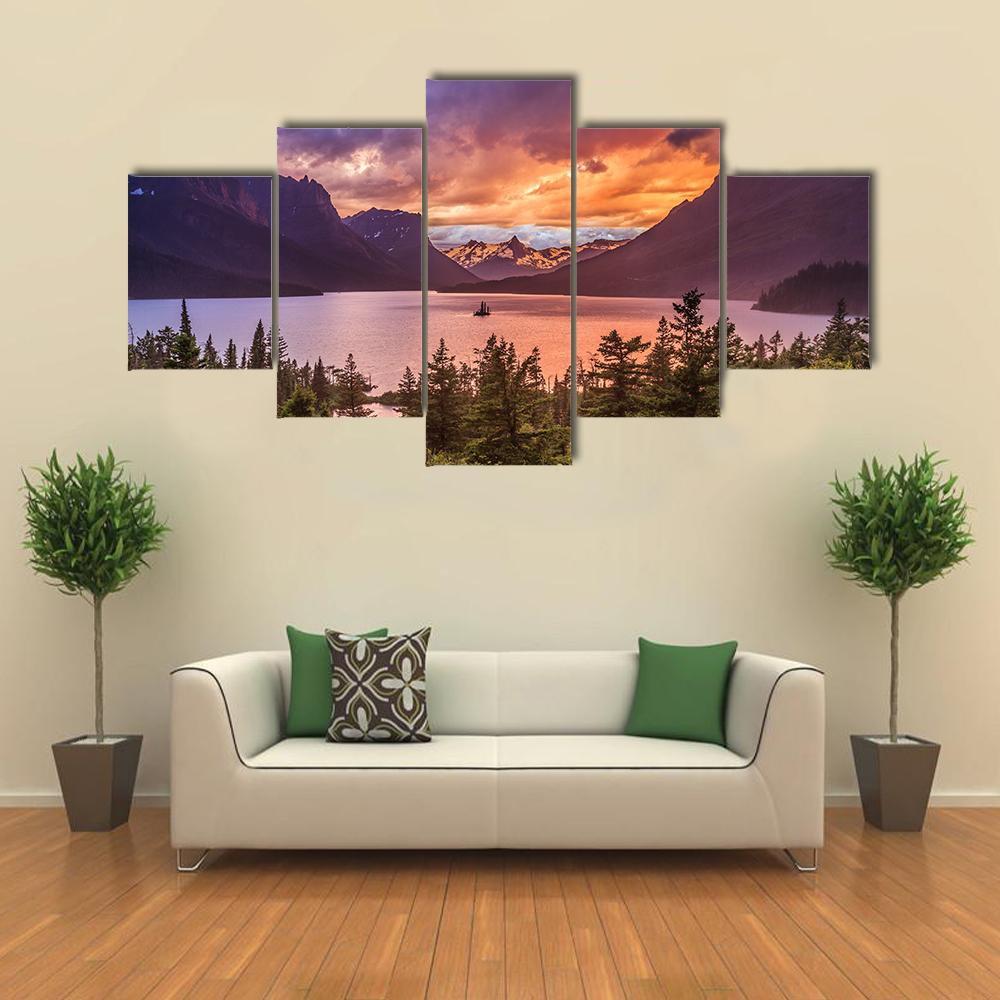 Sunset At St Mary Lake Canvas Wall Art-5 Star-Gallery Wrap-62" x 32"-Tiaracle