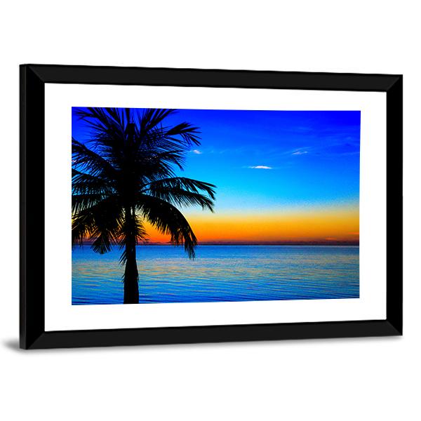 Sunset At The Sea With Palm Tree Canvas Wall Art-3 Horizontal-Gallery Wrap-25" x 16"-Tiaracle