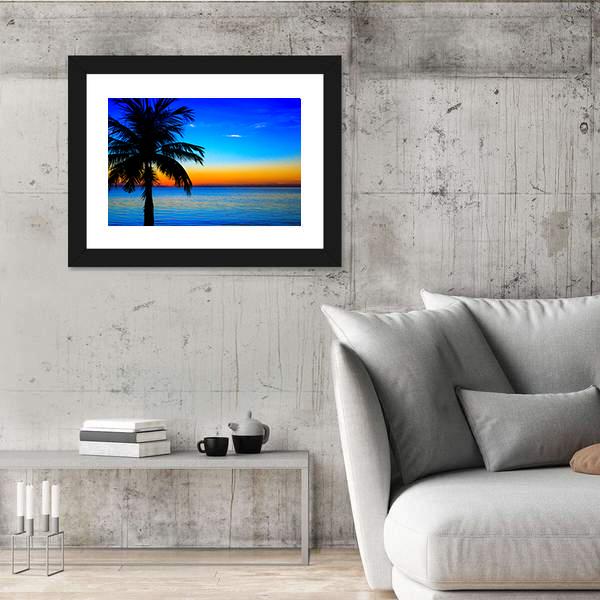 Sunset At The Sea With Palm Tree Canvas Wall Art-3 Horizontal-Gallery Wrap-25" x 16"-Tiaracle