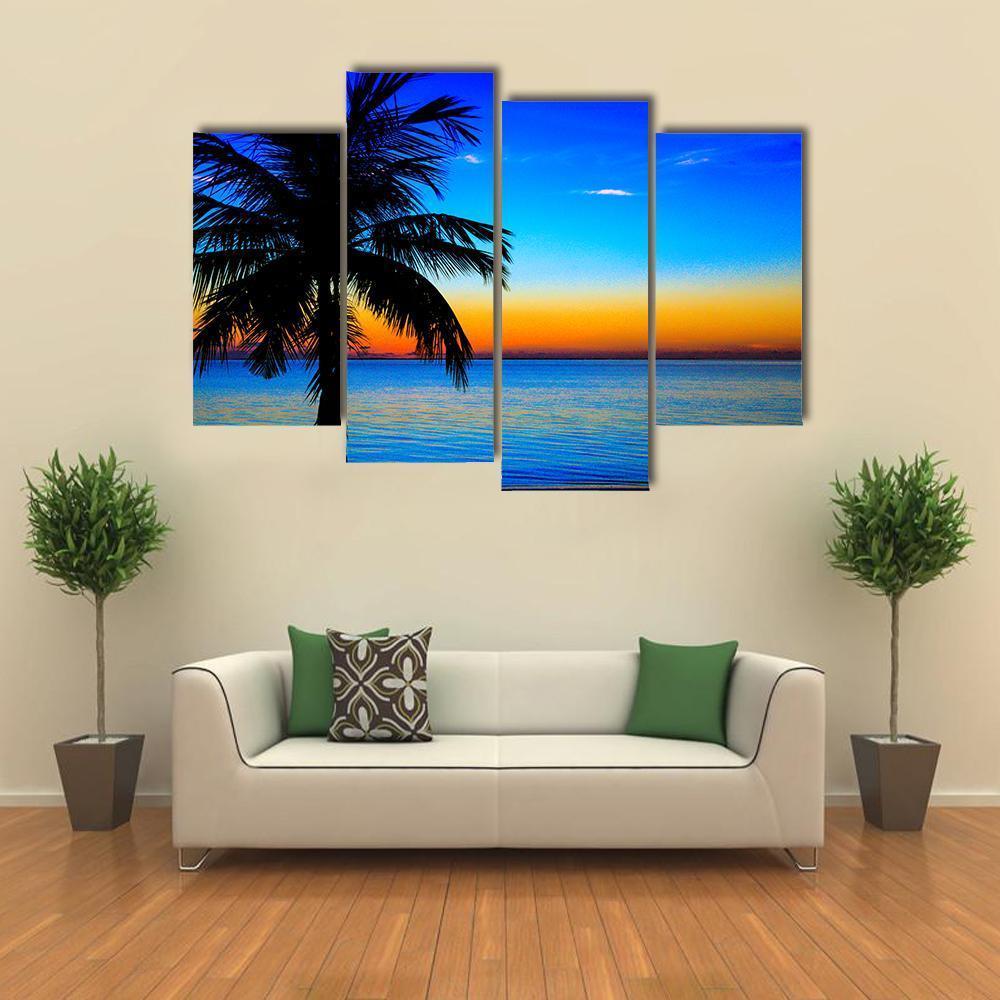 Sunset At The Sea With Palm Tree Canvas Wall Art-4 Pop-Gallery Wrap-50" x 32"-Tiaracle