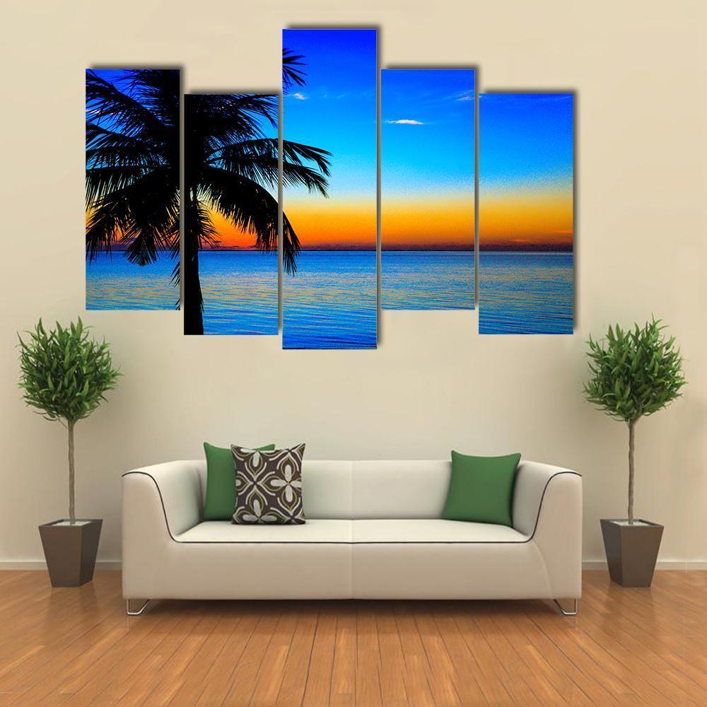 Sunset At The Sea With Palm Tree Canvas Wall Art-5 Pop-Gallery Wrap-47" x 32"-Tiaracle