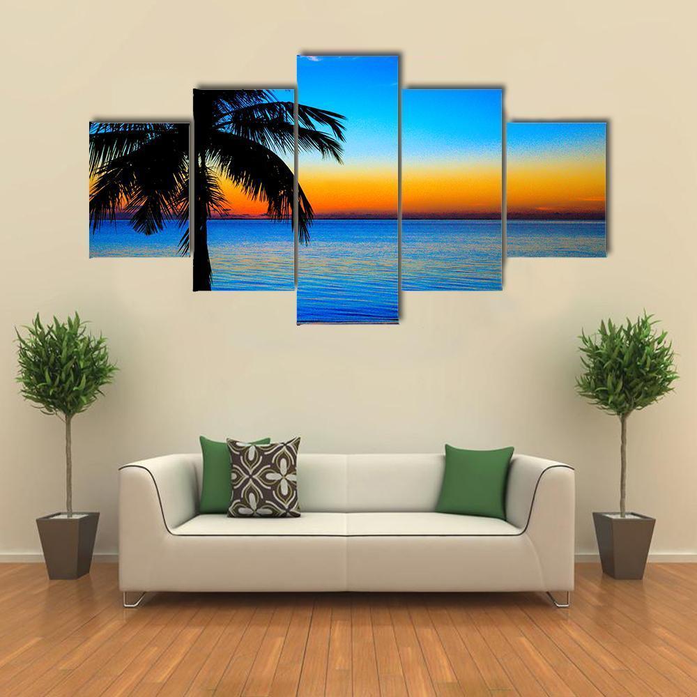 Sunset At The Sea With Palm Tree Canvas Wall Art-5 Star-Gallery Wrap-62" x 32"-Tiaracle