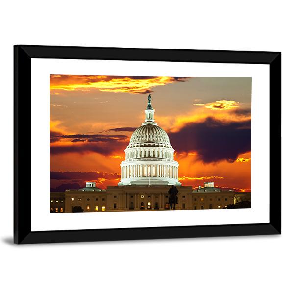 Sunset At United States Capitol Building Canvas Wall Art-5 Horizontal-Gallery Wrap-22" x 12"-Tiaracle
