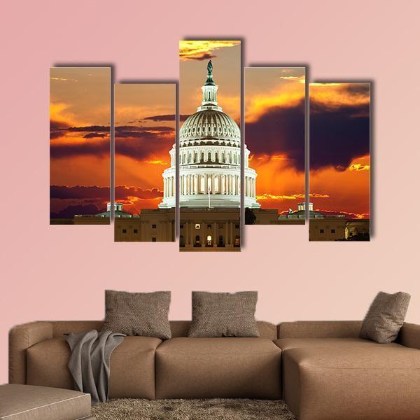 Sunset At United States Capitol Building in Washington DC Canvas Wall Art-5 Pop-Gallery Wrap-47" x 32"-Tiaracle