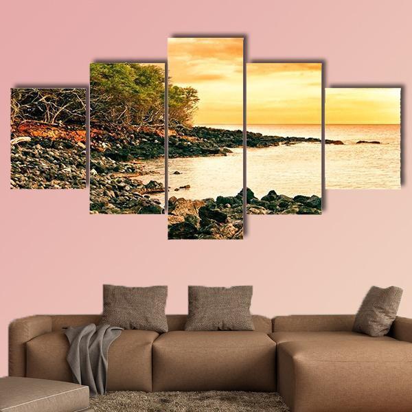 Sunset At Volcanic Stones Beach In Hawaii Canvas Wall Art-5 Star-Gallery Wrap-62" x 32"-Tiaracle