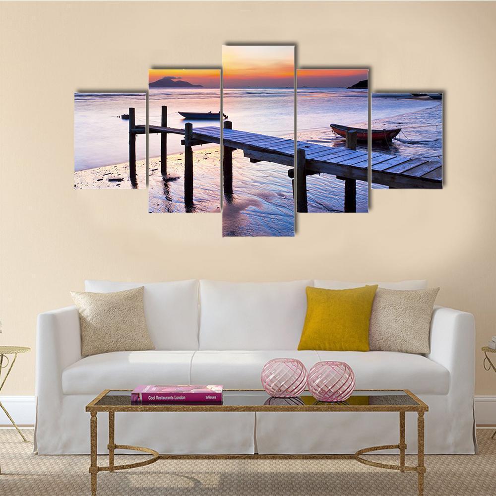 Sunset Coast At Wooden Pier Canvas Wall Art-5 Star-Gallery Wrap-62" x 32"-Tiaracle