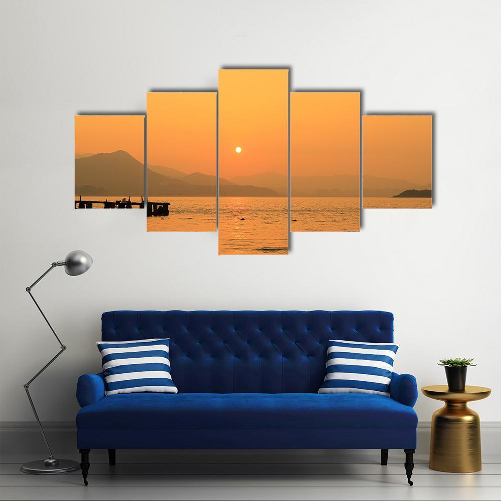 Sunset In Beach Canvas Wall Art-5 Star-Gallery Wrap-62" x 32"-Tiaracle