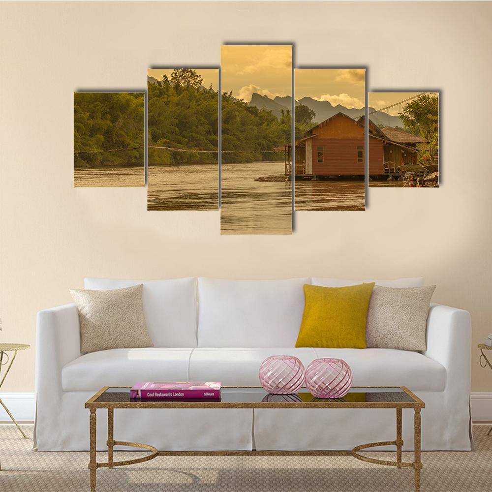 Sunset In Kwai River Canvas Wall Art-5 Star-Gallery Wrap-62" x 32"-Tiaracle