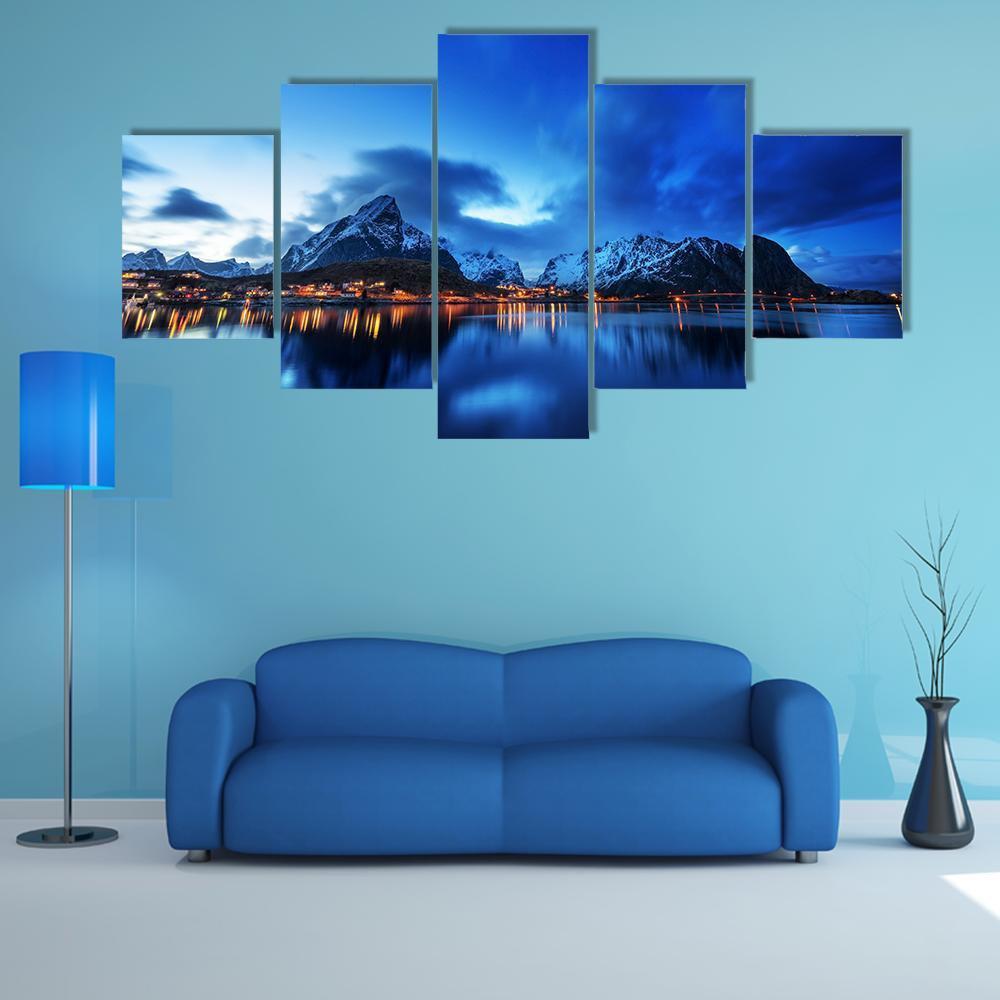 Sunset In Reine Village In Lofoten Islands Canvas Wall Art-5 Star-Gallery Wrap-62" x 32"-Tiaracle