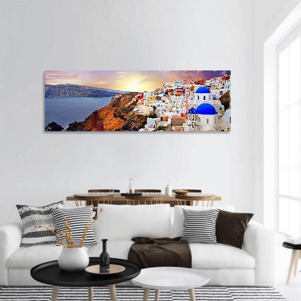 Sunset In Santorini Panoramic Canvas Wall Art-1 Piece-36" x 12"-Tiaracle