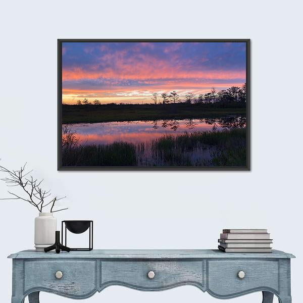 Sunset In Swamps Of Everglades Canvas Wall Art-1 Piece-Floating Frame-24" x 16"-Tiaracle