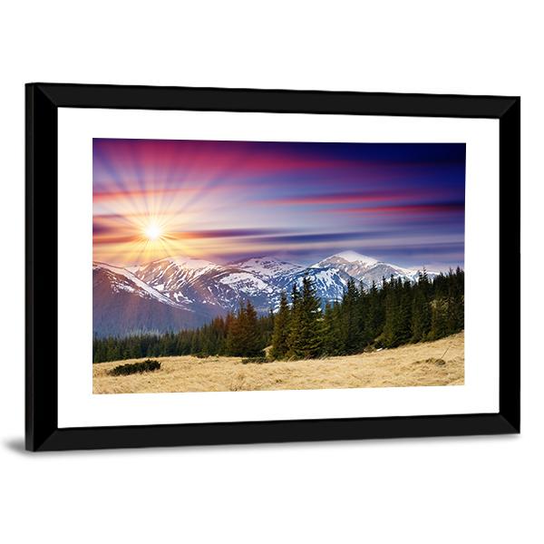 Sunset In The Mountains Landscape Canvas Wall Art-3 Horizontal-Gallery Wrap-25" x 16"-Tiaracle