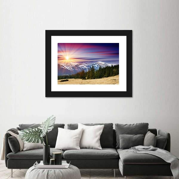 Sunset In The Mountains Landscape Canvas Wall Art-3 Horizontal-Gallery Wrap-25" x 16"-Tiaracle