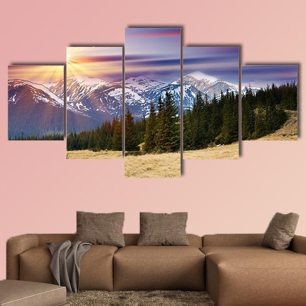 Sunset In The Mountains Landscape Canvas Wall Art-5 Star-Gallery Wrap-62" x 32"-Tiaracle