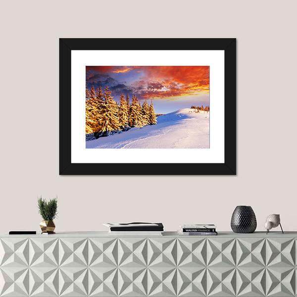 Sunset In The Winter Mountains Canvas Wall Art-1 Piece-Framed Print-20" x 16"-Tiaracle