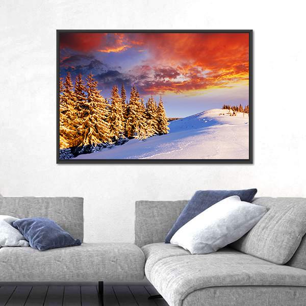Sunset In The Winter Mountains Canvas Wall Art-3 Horizontal-Gallery Wrap-25" x 16"-Tiaracle