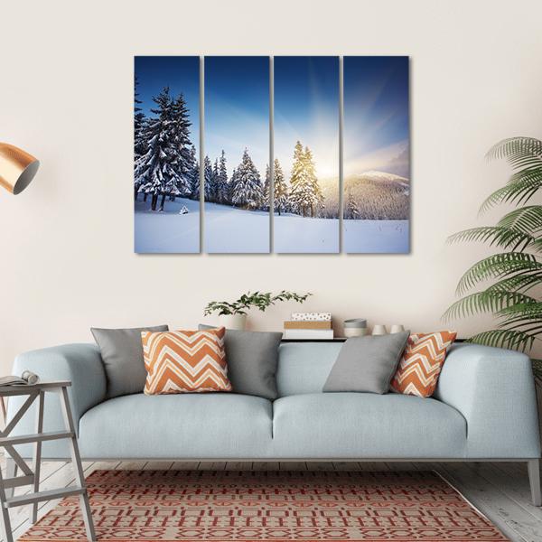 Sunset In The Winter Mountains Landscape Canvas Wall Art-4 Horizontal-Gallery Wrap-34" x 24"-Tiaracle