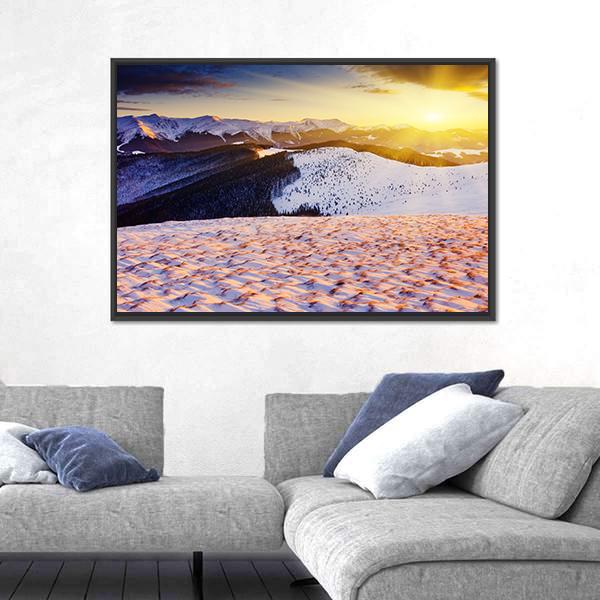 Sunset In The Winter Mountains Landscape Canvas Wall Art-3 Horizontal-Gallery Wrap-25" x 16"-Tiaracle