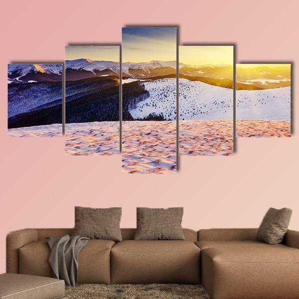 Sunset In The Winter Mountains Landscape Canvas Wall Art-5 Star-Gallery Wrap-62" x 32"-Tiaracle