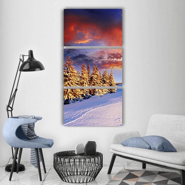 Sunset In The Winter Mountains Vertical Canvas Wall Art-3 Vertical-Gallery Wrap-12" x 25"-Tiaracle