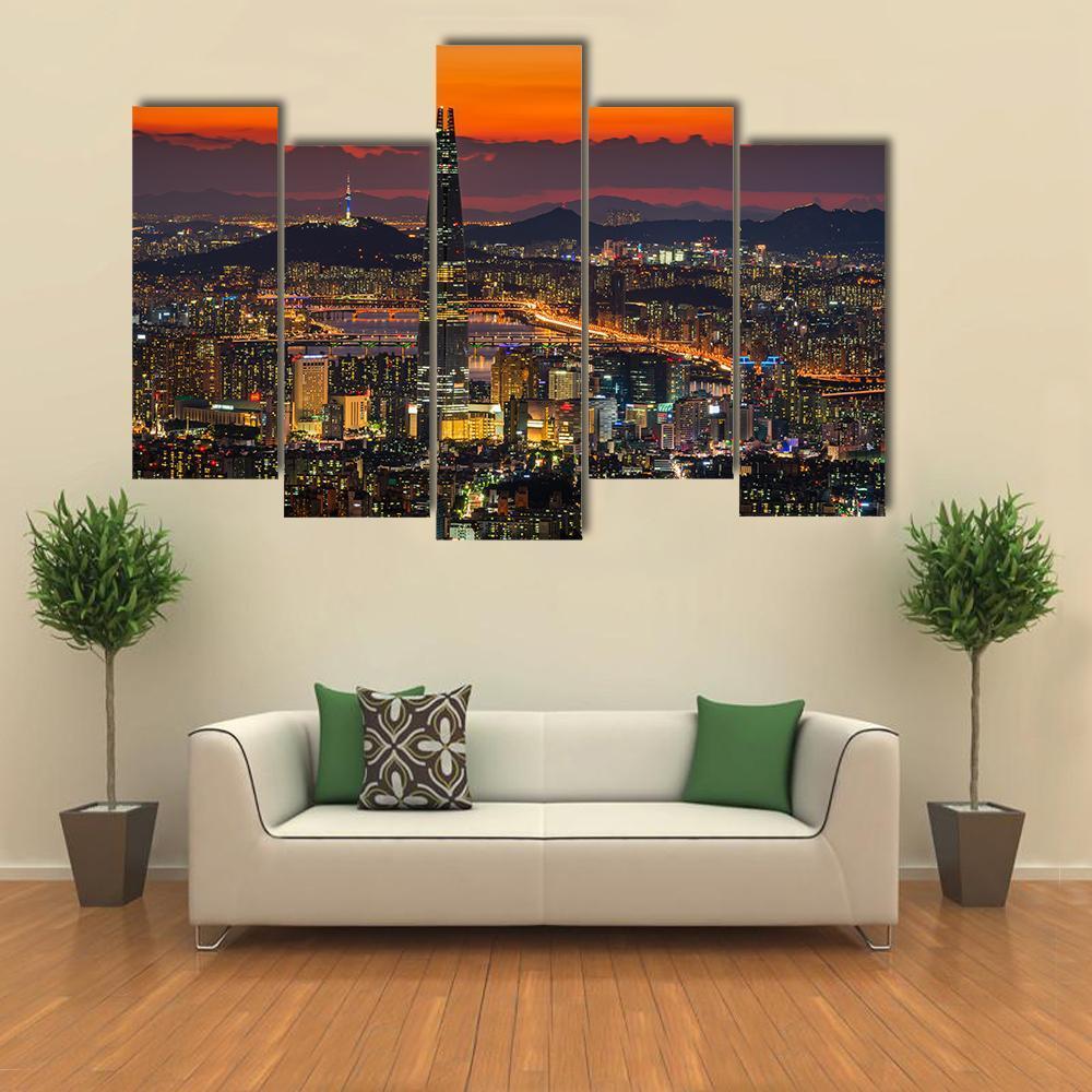 Sunset Of Seoul City Skyline Canvas Wall Art-5 Pop-Gallery Wrap-47" x 32"-Tiaracle