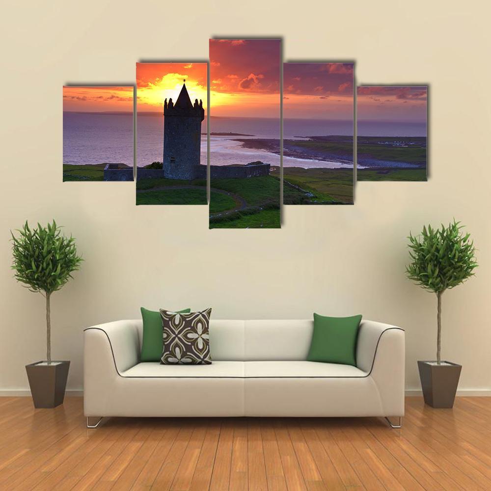 Sunset On An Ancient Castle In Ireland Canvas Wall Art-5 Star-Gallery Wrap-62" x 32"-Tiaracle