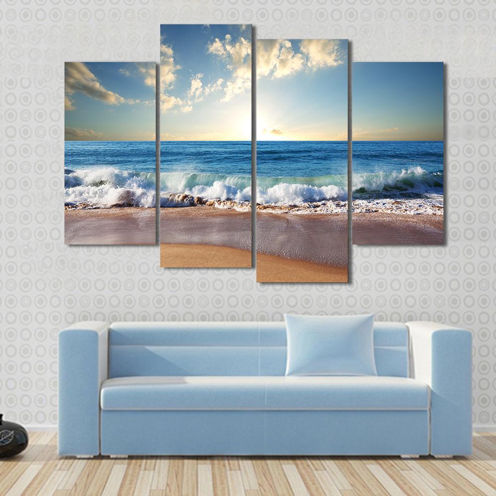 Sunset On Beach With Strong Ocean Waves Canvas Wall Art-4 Pop-Gallery Wrap-50" x 32"-Tiaracle