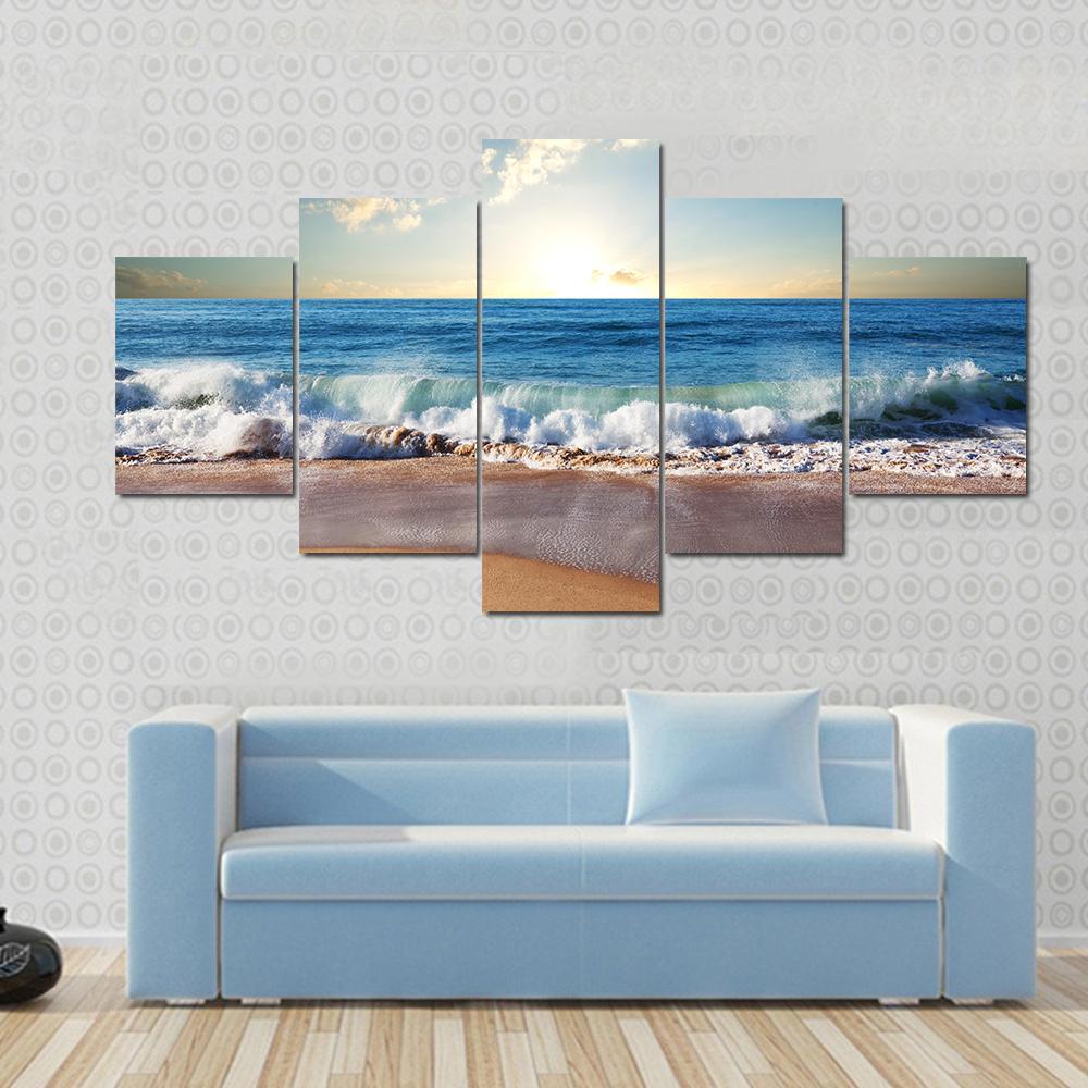 Sunset On Beach With Strong Ocean Waves Canvas Wall Art-5 Star-Gallery Wrap-62" x 32"-Tiaracle