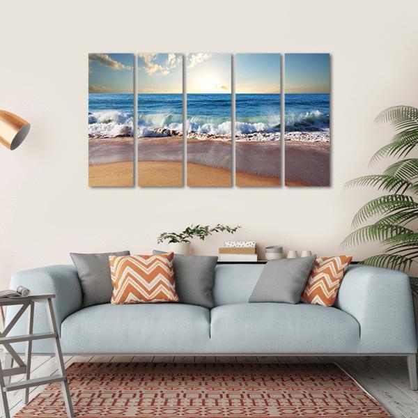 Sunset On Beach With Strong Ocean Waves Canvas Wall Art-5 Horizontal-Gallery Wrap-22" x 12"-Tiaracle