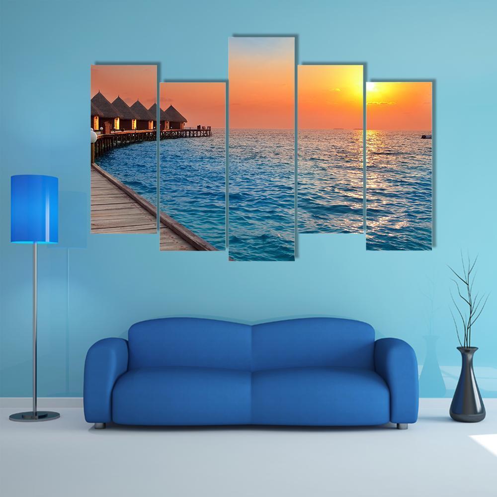 Sunset On Island In Ocean Canvas Wall Art-5 Pop-Gallery Wrap-47" x 32"-Tiaracle
