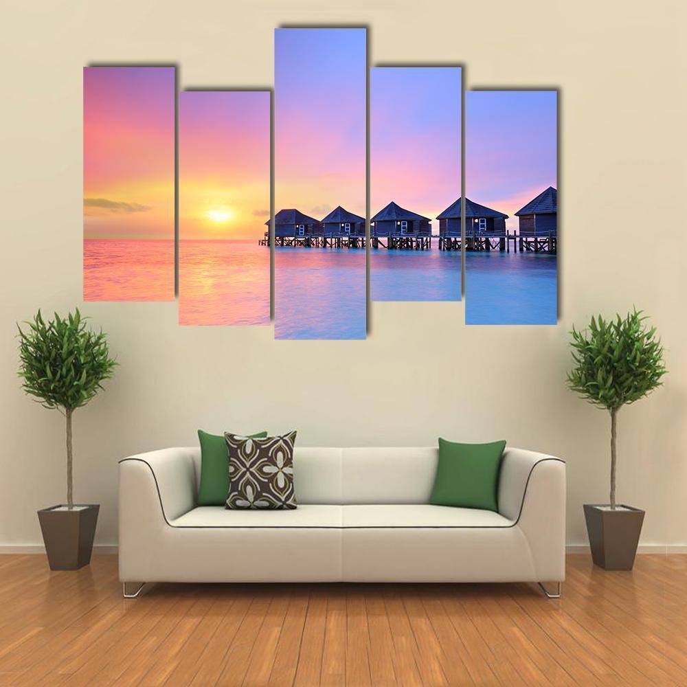 Sunset On Maldives Island Canvas Wall Art-5 Pop-Gallery Wrap-47" x 32"-Tiaracle