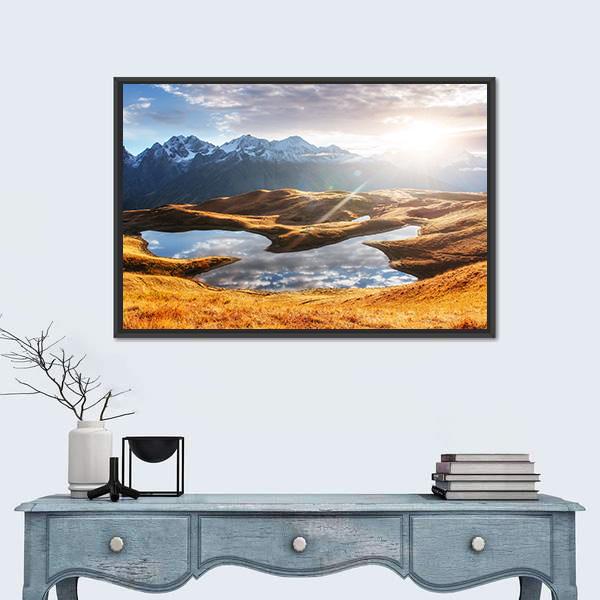 Sunset On Mountain Lake Koruldi Canvas Wall Art-1 Piece-Floating Frame-24" x 16"-Tiaracle