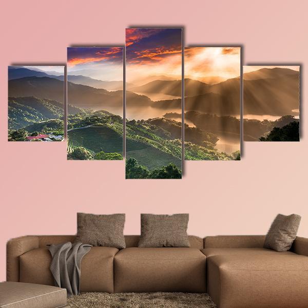 Sunset On New Taipei City In Taiwan Canvas Wall Art-5 Star-Gallery Wrap-62" x 32"-Tiaracle