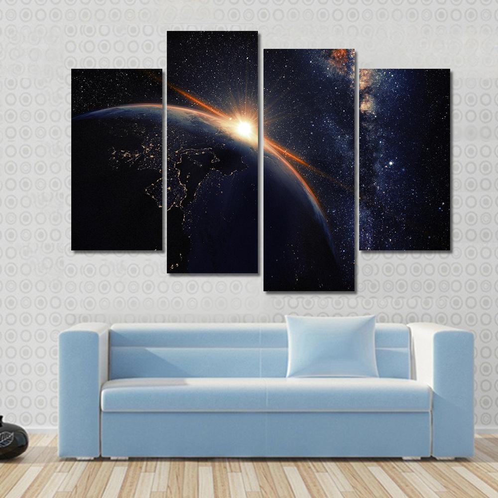 Sunset On Planet Earth At Night Canvas Wall Art-4 Pop-Gallery Wrap-50" x 32"-Tiaracle