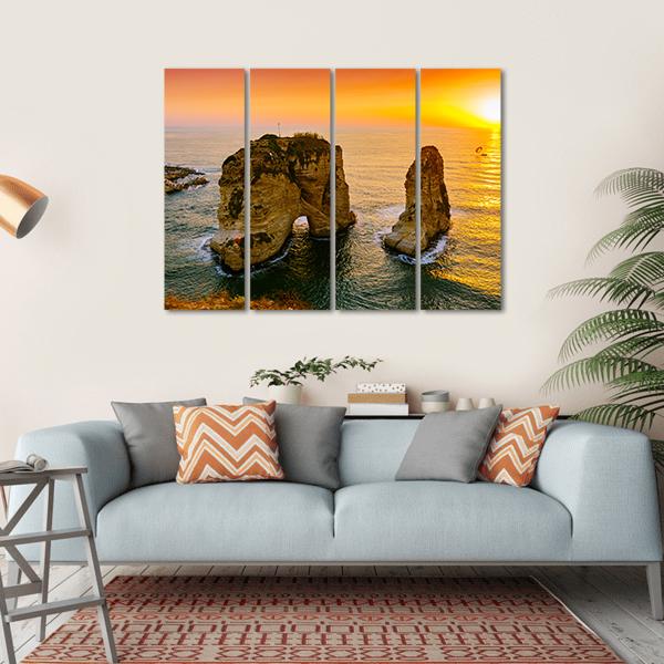 Sunset On Raouche Pigeons Rock Canvas Wall Art-4 Horizontal-Gallery Wrap-34" x 24"-Tiaracle