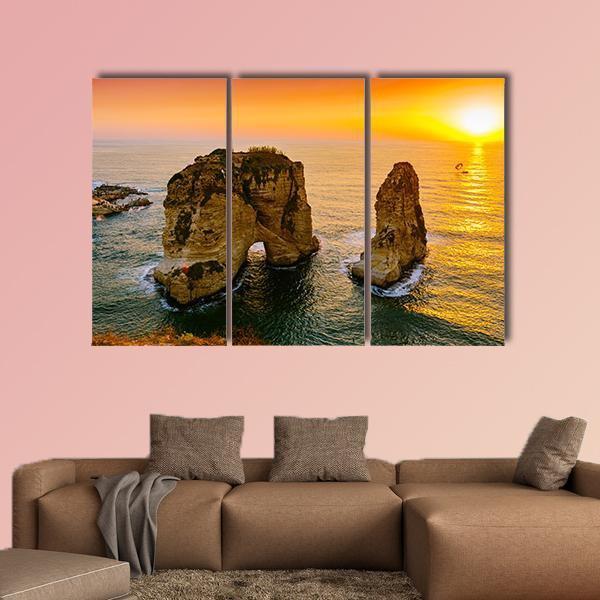 Sunset On Raouche Pigeons Rock Canvas Wall Art-3 Horizontal-Gallery Wrap-37" x 24"-Tiaracle