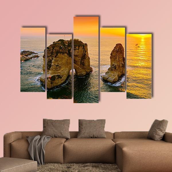 Sunset On Raouche Pigeons Rock Canvas Wall Art-5 Pop-Gallery Wrap-47" x 32"-Tiaracle