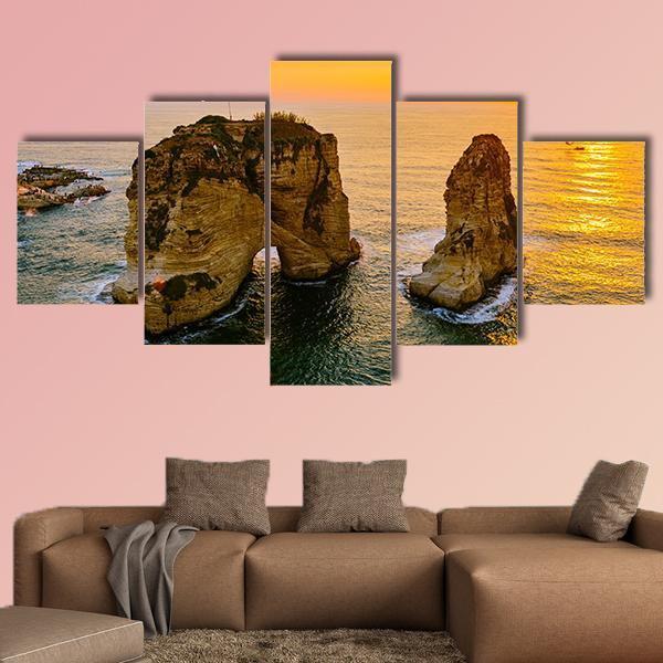 Sunset On Raouche Pigeons Rock Canvas Wall Art-5 Star-Gallery Wrap-62" x 32"-Tiaracle